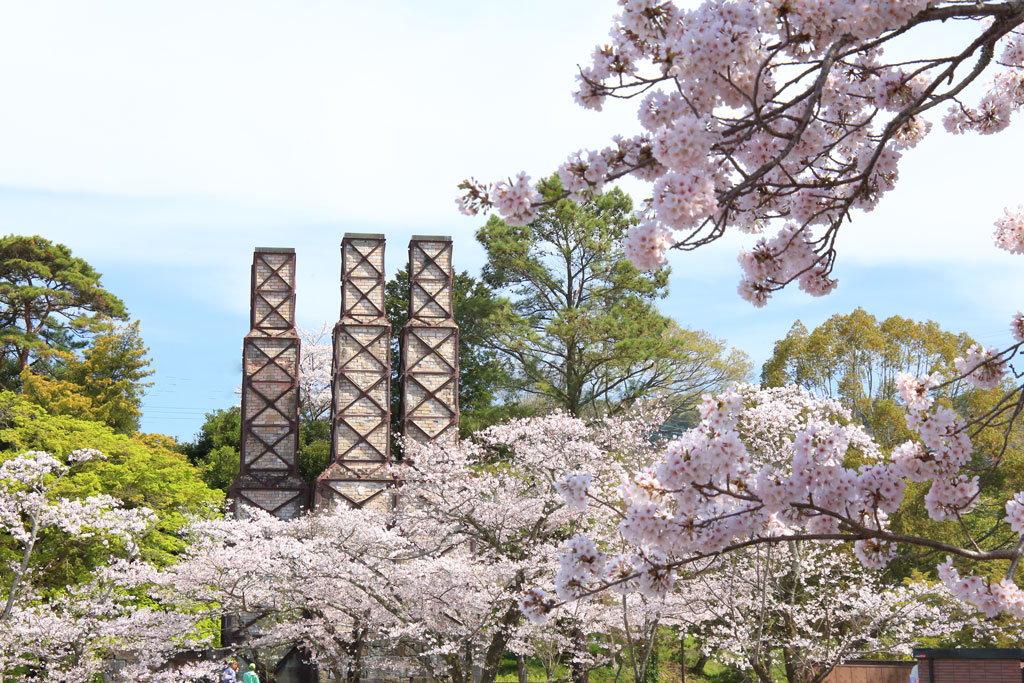 伊豆の国市「韮山反射炉」桜風景を前景にした反射炉