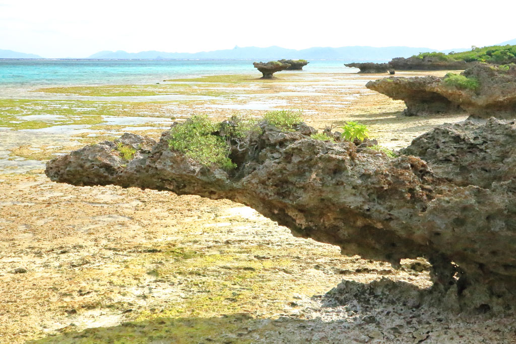 石垣島「川平ビーチ」干潮時の奇岩が広がるビーチ風景