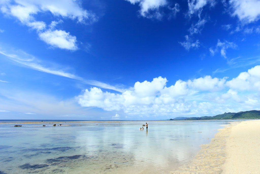 石垣島「米原海岸」夏雲に映えるビーチの親子
