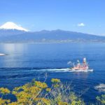 沼津市「大瀬まつり」富士を背景に帰路につく祭り船